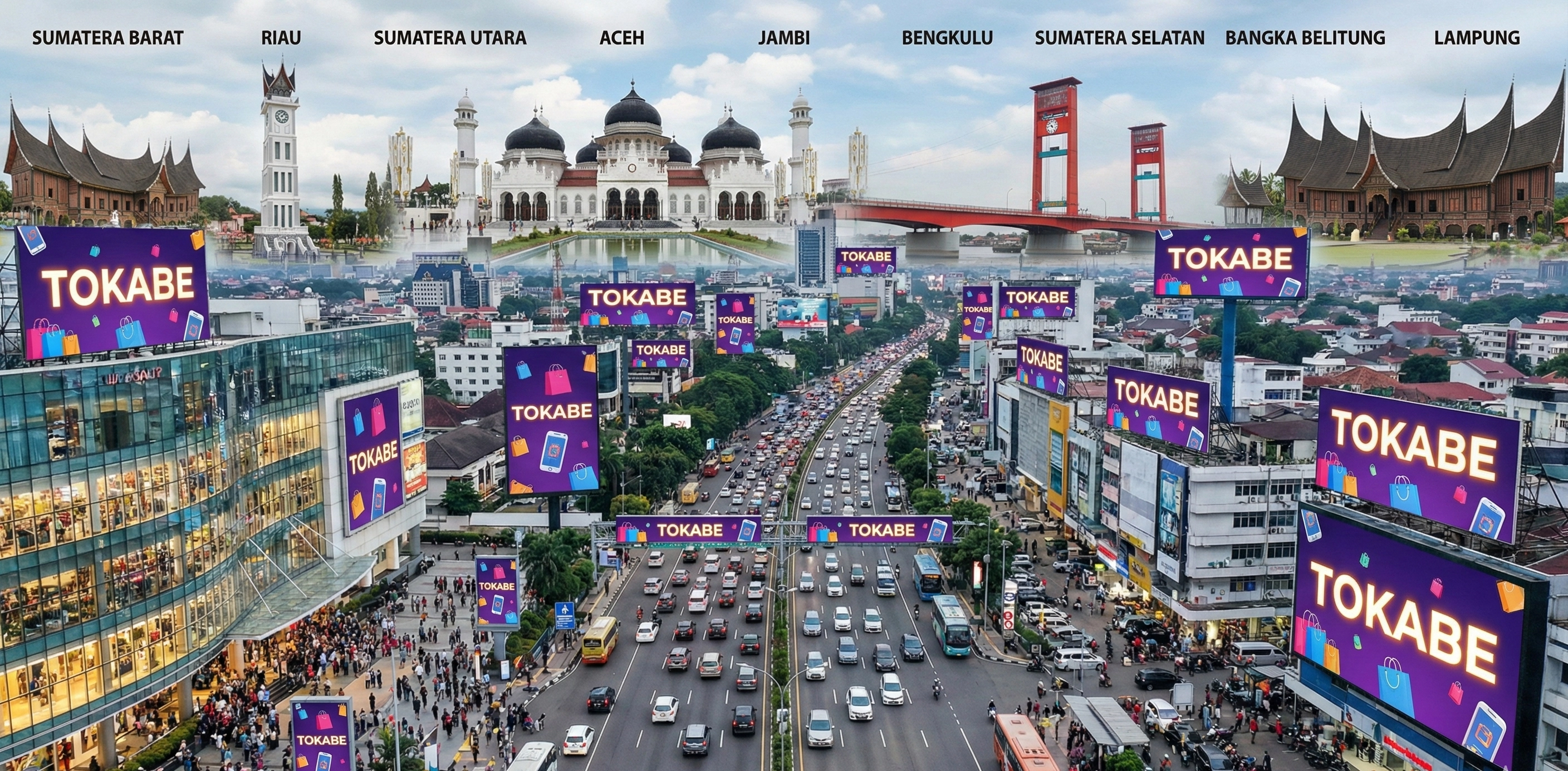 Banner hero Tokabe.id - The Strategic Location OOH Advertising in Sumatera - HUNDREDS of TOKABE billboard advertising are installed in SUPER LOCATION; highways, city centers, or shopping centers. Make your content POP OUT to the THOUSANDS of audiences.